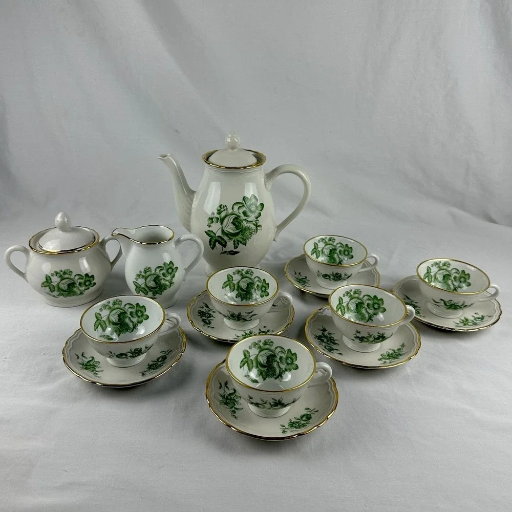 Richard Ginori Demitasse Coffee Tea Set Green Rose 15pc Espresso Service For 6 - Picture 1 of 16